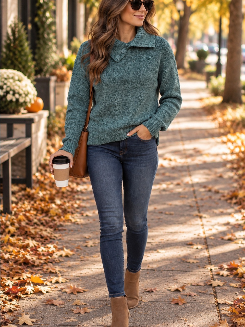 Karen Scott Teal Green Button-Collar Turtleneck Sweater